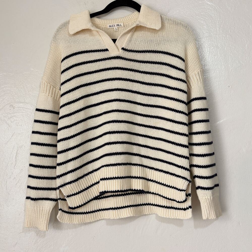 Alex Mill Jacques Cotton Stripe Polo Sweater Cream Black 100% Cotton Size M - Picture 4 of 13